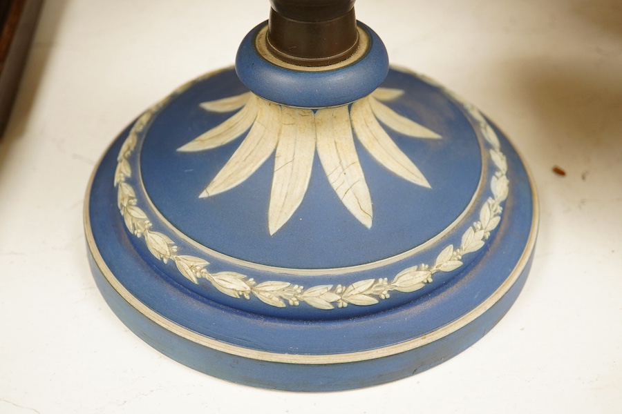 A Victorian blue Jasper oil lamp base, 37cm high. Condition - minor firing cracks to the design in places